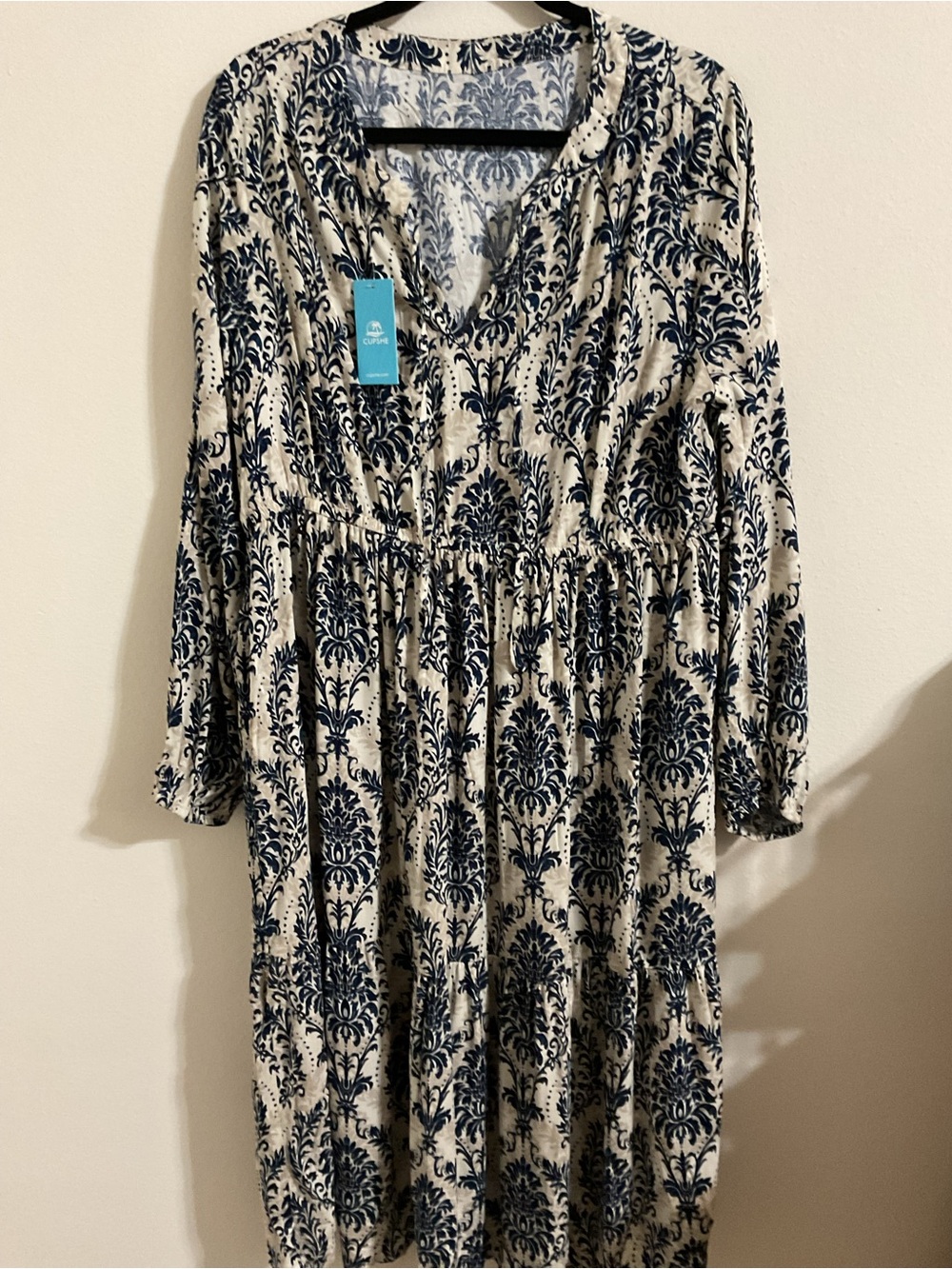 NWT - Cupshe Damask Blue/Cream, Long Sleeve, Tie V- Neck, Tiered Maxi Dress, 1X.